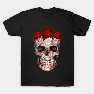 Floral skull with red roses crown T-Shirt